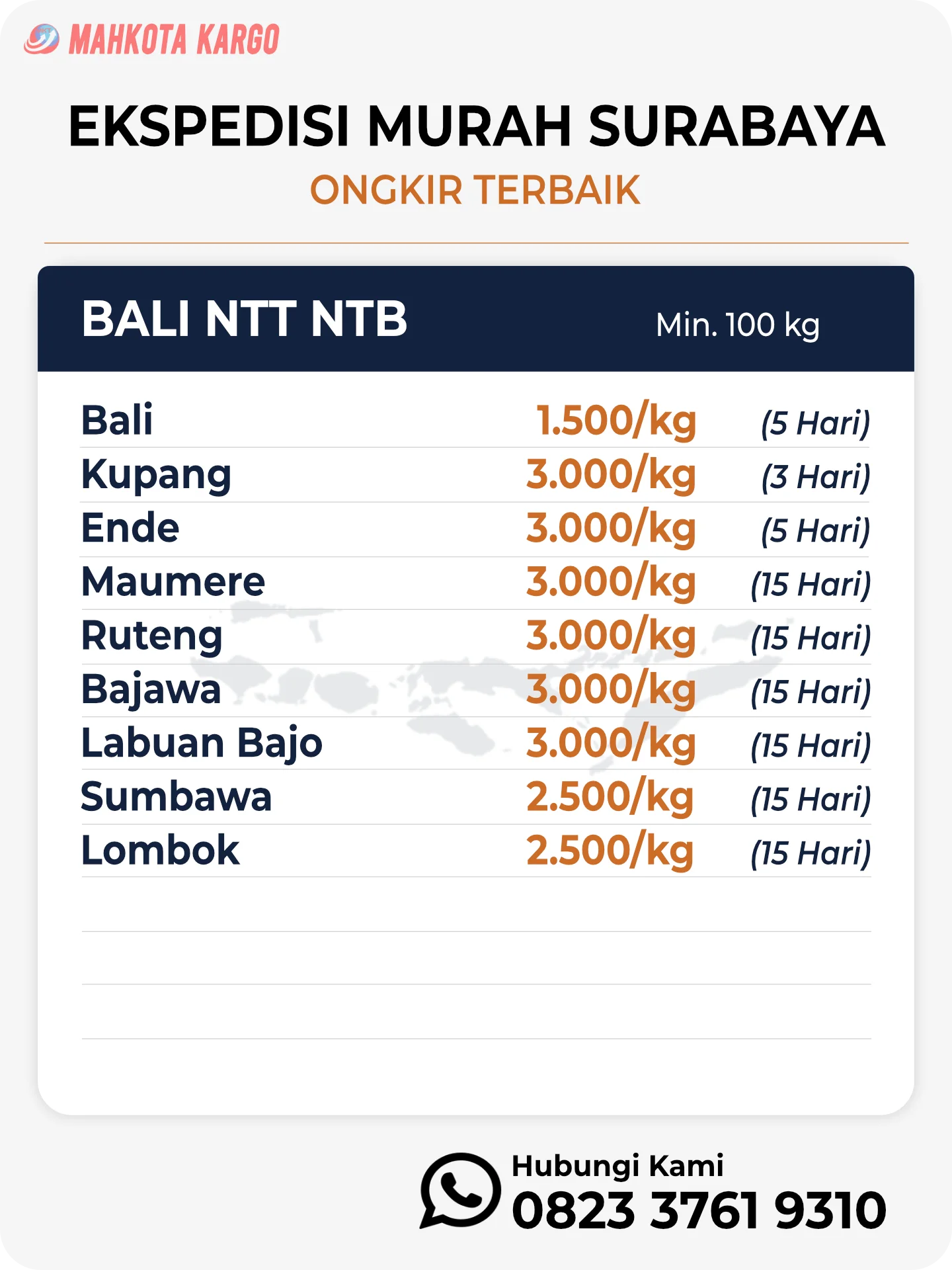 Ongkir Ekspedisi Surabaya Bali NTT NTB